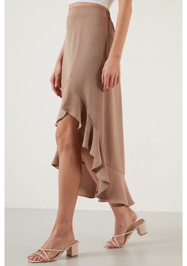 Lela Volanlı Midi Boy Yırtmaçlı Bayan Etek 6058387 Vizon