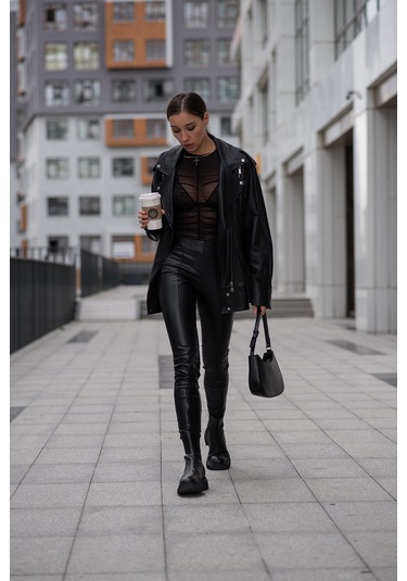 Dericlub Wm30 Oversize Biker Hakiki Deri Kadın Mont Siyah