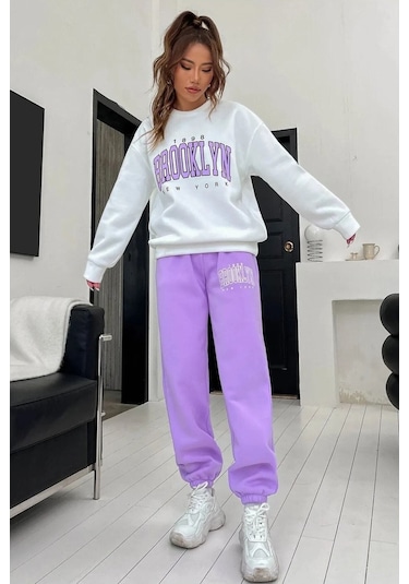 Modagen Kadın Mor Beyaz Brooklyn Baskı Oversize Bisiklet Yaka Alt Üst Eşofman Takımı Morbyaz