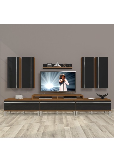 Decoraktiv Ekoflex 8d Mdf Krom Ayaklı Tv Ünitesi Tv Sehpası Ceviz - Siyah