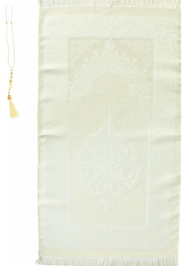 Premium Osmanlı Desen Seccade Ve Vavlı İnci Tesbih Set , Kadınlar Erkekler İçin Beyaz