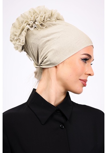 Kaymayan Fırfırlı Silikonlu Dikişsiz Bone Krem - Kaymaz Kadın Tesettür Bağlamalı İç Bone Krem