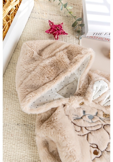 Tavşan Fiğürlü Kışlık Peluş Kız/erkek Bebek Tulum Bej
