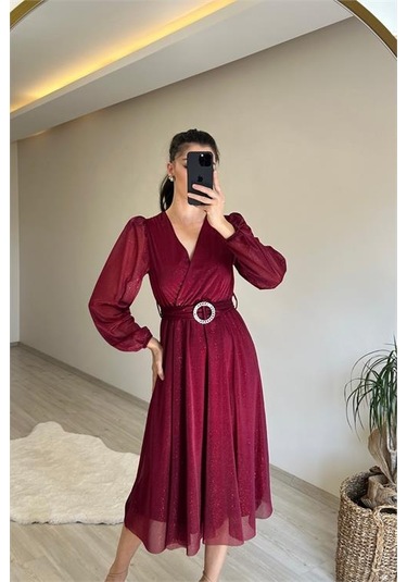 Neşeli Butik Kadın Kruvaze Yaka Tokalı Midi Boy Işıltılı Elbise Nm009 Bordo