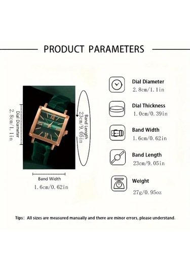 Kadın Vintage Kare Kuvars Saat Analog Ve Kolye+küpe+yüzük Takı S Yeşil