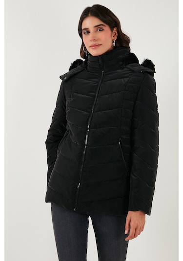 Lela Kapitoneli Slim Fit Çıkarılabilir Kapüşonlu Bayan Mont 497Mara Siyah