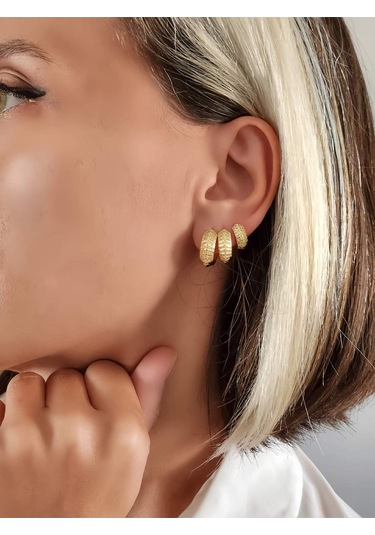 6'lı Oval Minimalist Hoop Zirkon Taşlı Altın Kaplama Gold Renk Küpe Seti Altın