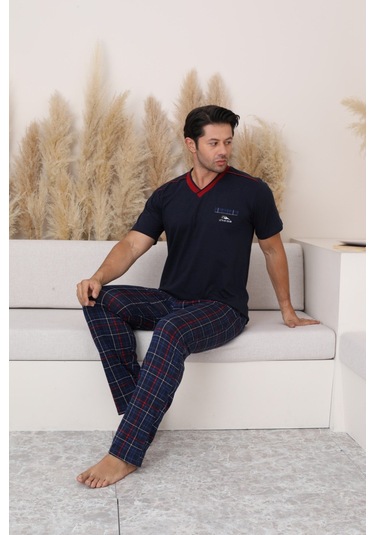 Erkek V Yaka Ekose Desen %100 Pamuk Kısa Kol Cepli Pijama Takımı Lacivert