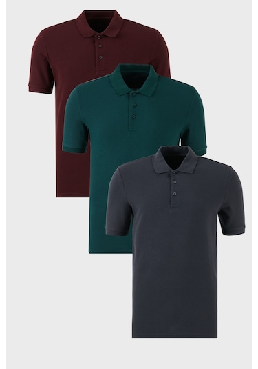 Buratti Pamuklu Regular Fit Düğmeli Polo Yaka 3'Lü Paket Erkek T Shirt 5902127S3 Vişne-Antrasit-Yeşil