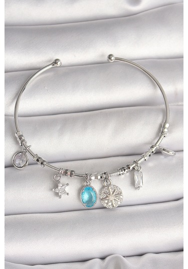 Pirinç Gümüş Renk Sallantı Pusula Figür Kalp Detay Charm Kadın Bileklik - Tj-bb6902 Gümüş