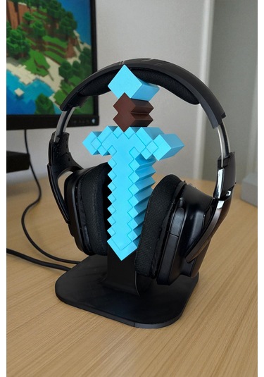 Minecraft Elmas Silah Temalı 3d Baskı Kulaklık Standı Oyuncu Masa Aksesuarı