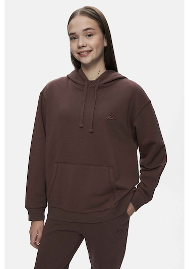 Ucla Weber Kahve Bisiklet Yaka Nakışlı Oversize Kadın Sweatshirt Kahve