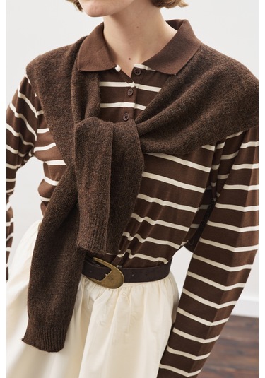 Kare Yaka Bağlamalı Triko Atkı Kahverengi Kahverengi