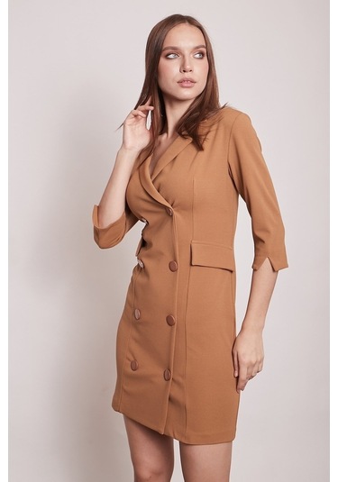 Yakalı Sırt Dekolteli Anvelop Likralı Kumaş Düğmeli Ceket Elbise (515549421)