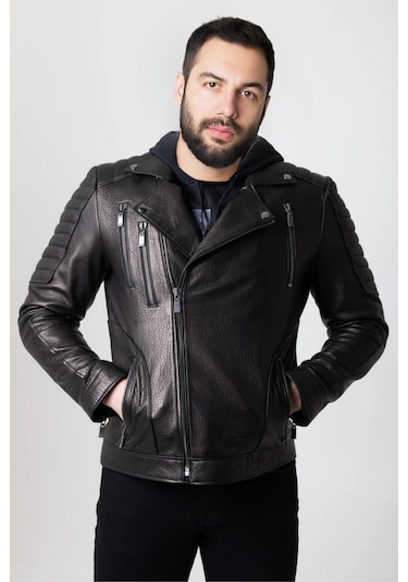 Derije Lucas Hakiki Jumbo Deri Erkek Siyah Biker Motorcu Tarzı Ceket-mont Siyah