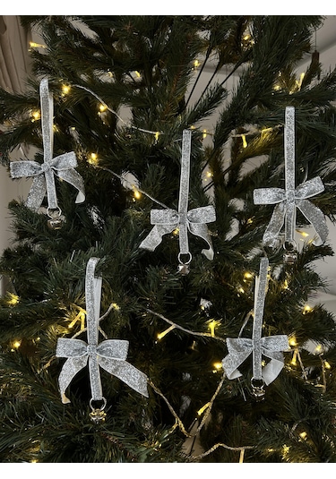Yılbaşı Simli Gümüş Kadife Kurdeleli Zilli Zincir Lüks Noel Çam Ağacı Süsü 5 Adet-ykdf22