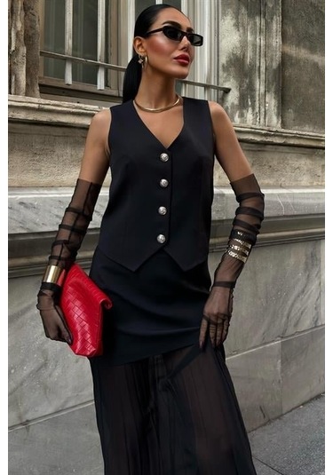 Yelek Ve Pilise Etekli Premium Takım 10096 Si Yah