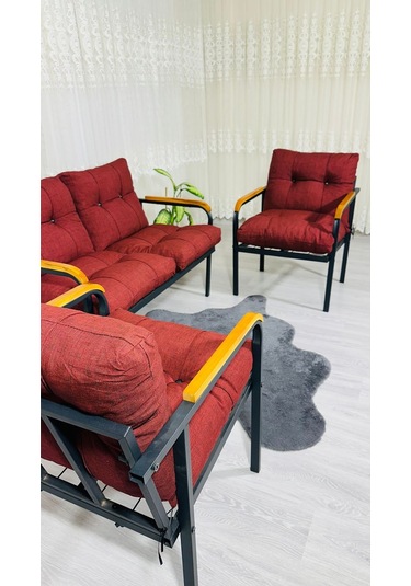 Madame Home Kalanşo Balkon, Bahçe,teras,cafe - Salon - Metal Kanepe Koltuk Takımı Çay Seti 2+1+1 Bordo