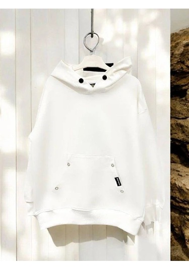 Çocuk Çıtçıt Detaylı Kapüşonlu Pamuklu Sweatshirt-14837 Ekru