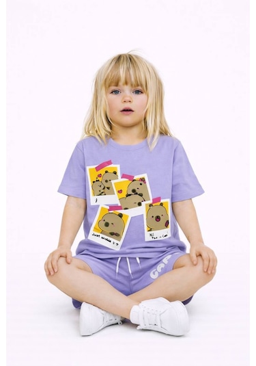 Miniko Kids Kız Çocuk Capybara Modelli Pamul Şortlu Takım Lila