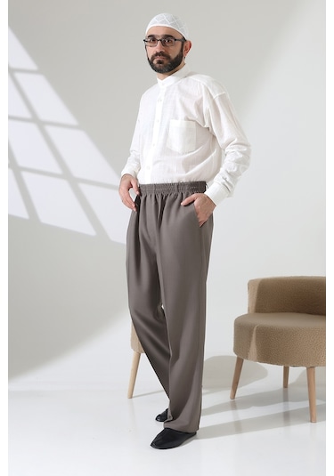 Erkek Beli Lastikli Cepli Hac Umre Kumaş Şalvar Pantolon - Toprak Isr Vizon