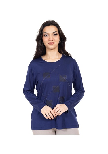 Yeni Sezon Kadın Orta Yaş Ve Üzeri Viskoz Lazer Baskı İşlemeli Lüks Anne Penye Bluz 23350-indigo İndigo