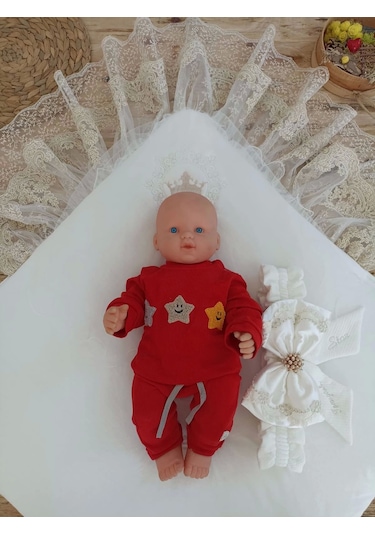 Yenidoğan Sahra Taç Nakışlı Plazma Taşlı Güpürlü Fiyonklu Duvaklı Trilüks Kundak Bebek Battaniyesi Sütlü Kahve Sütlü Kahverengi