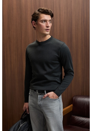 VAREX Erkek Yuvarlak Yaka Basic Slim Fit Triko Antrasit Kazak