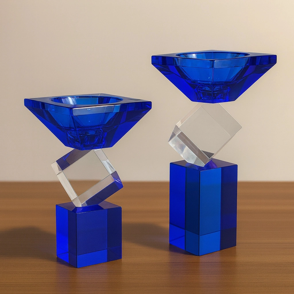 Kristal Geometrik 2 Li Şamdan Seti Mavi 20x9