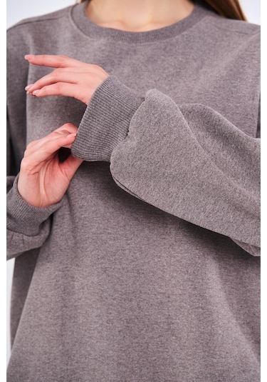 Comeor Kahve Kadın Pamuklu Oversize Basic Bisiklet Yaka Sweatshirt 001