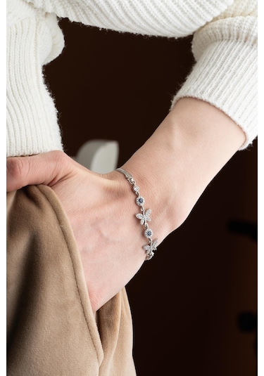 Nereze 925 Ayar Gümüş Çift Kelebek Mavi Taş Detaylı Bileklik