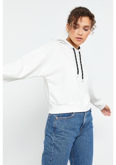 Tommy Life Ekru Uzun Kol Rahat Form Kapüşonlu Kadın Sweatshirt - 97115 Ekru