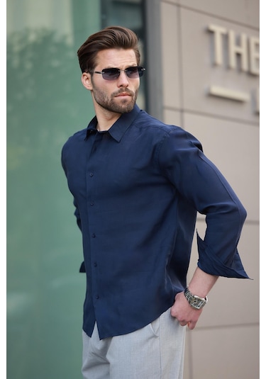 Madmext Lacivert Basic Uzun Kollu Erkek Gömlek E6762 Lacivert