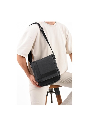 Kanvas Kumaş Tablet Çantası Erkek Postacı Çanta 27 23 Cm Çapraz Askılı Omuz Çantası Siyah