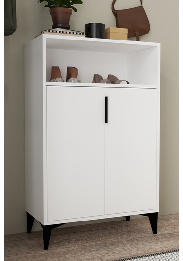 1201 Ada Ayakkabılık 4 Raflı 2 Kapaklı Çok Amaçlı Dolap Beyaz Beyaz