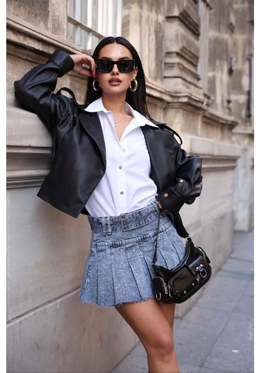 Bpm Kemerli Pileli Denim Etek 001