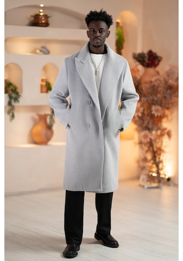 İtalyan Geniş Yaka Oversize Bol Kesim Salaş Uzun Kaban Gri