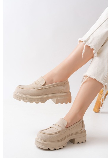 746-759 Bej Süet Günlük Yüksek Tabanlı Loafer Ayakkabı Bej