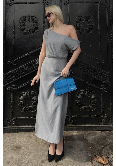 Madmext Madmext Gri Düşük Omuz Elbise Mg2349 Gri