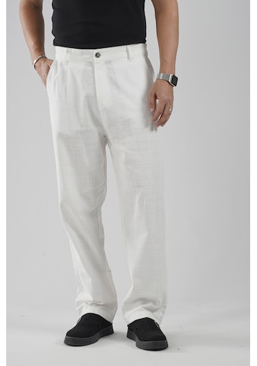 Baggy Fit Kalıp Pamuklu Keten Pantolon Beyaz