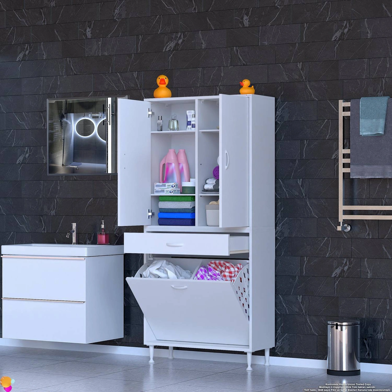 Yeni Kayra Tek Çekmece, 2 Göz Sepet, 2 Kapak, 6 Raf Dar Alan Banyo Dolabı 75x173x32,5 Cm Beyaz