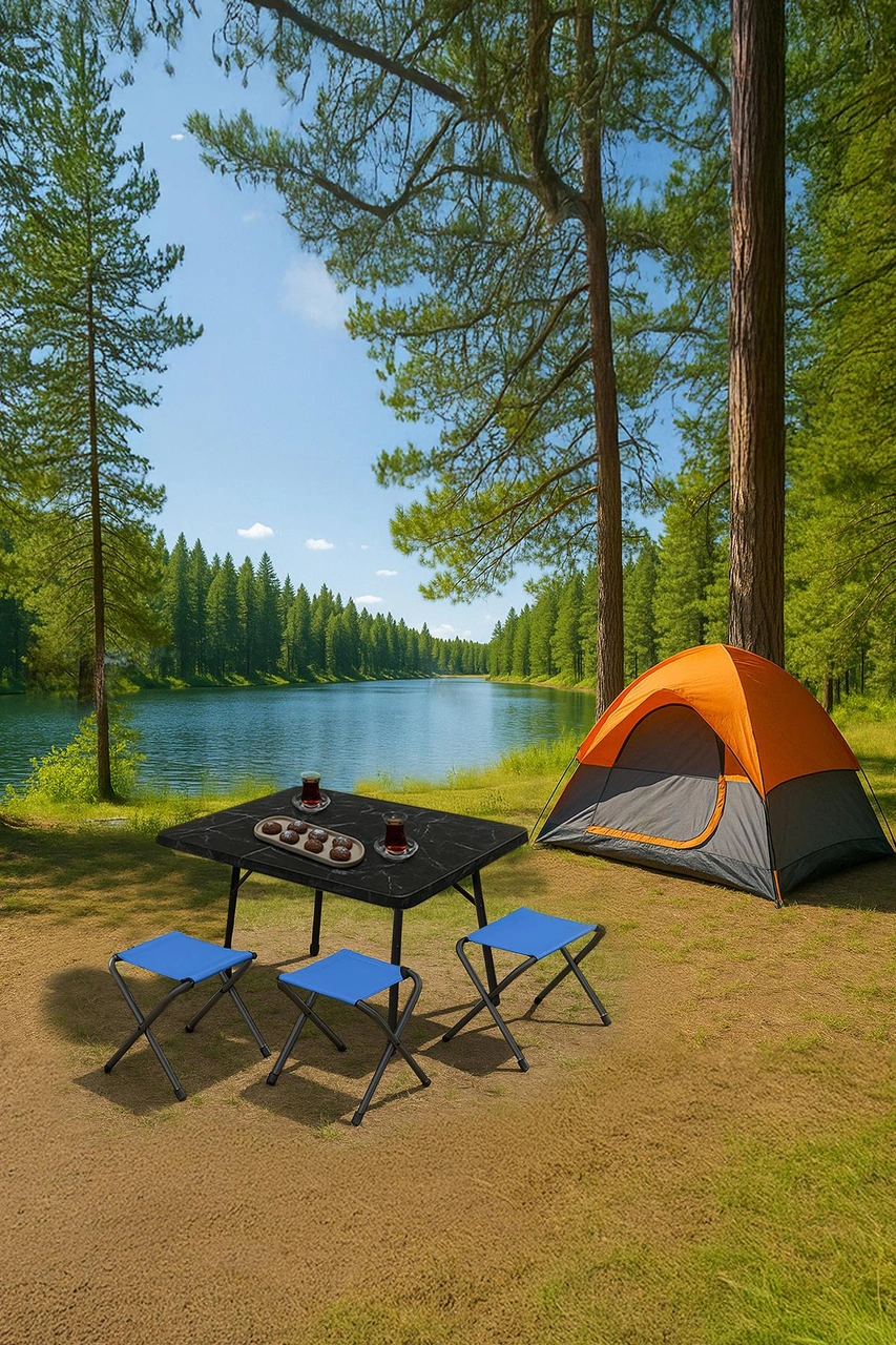 Exent 45x60 Cm Kamp Sehpası + 3 Adet Mavi Tabure Piknik, Bahçe Balkon Sehpası Katlanır Sehpa-me-3m Çok Renkli