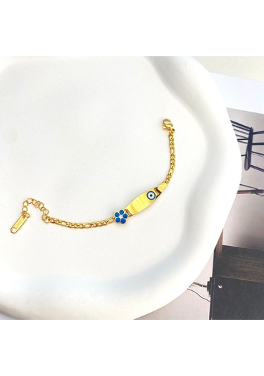 Bebek Bileklik Bebek Hediyelik Künye Mavi Çiçek 316l Paslanmaz Çe Gold