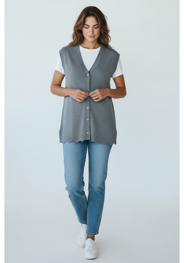 Kadın Önü Düğmeli Cepli Kalın Kışlık Kısa Yelek Gri