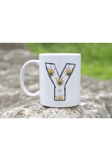 Y Harfi Arı Desenli Kupa - Sevimli Hayvan Temalı Kişiye Özel Kahve Kupası - Şans Kupası Beyaz