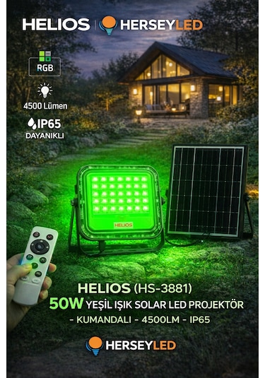 Helıos Hs-3881 50w Yeşil Işık Solar Led Projektör - Kumandalı - 4500lm - Ip65