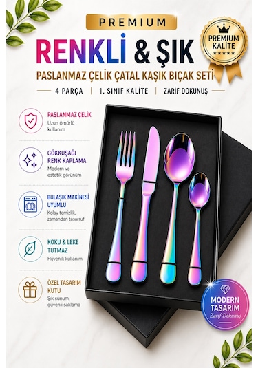 Premium Paslanmaz Çelik Çatal, Kaşık Ve Bıçak Seti Modern Gökkuşağı Renk 4 Parça