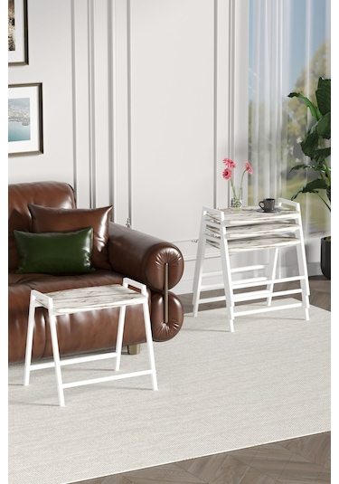 Zigon Sehpa , Aden 4'lü Tepsi Zigon Sehpa Takımı Beyaz Metal - Beyaz Mermer Tabla Beyaz-beyaz Mermer