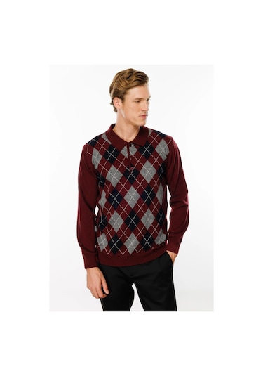 Desen Triko Erkek Polo Yaka Önü Baklava Desenli Yün Kazak 24513 Bordo Bordo