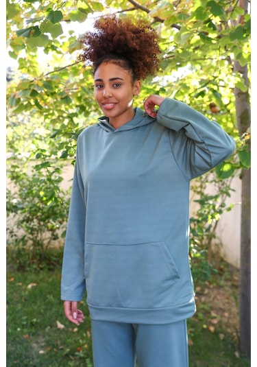 Akbeniz Kadın Pamuk Kapşonlu Cepli 3 İplik Petrol Eşofman Takım 9037-petrol Petrol